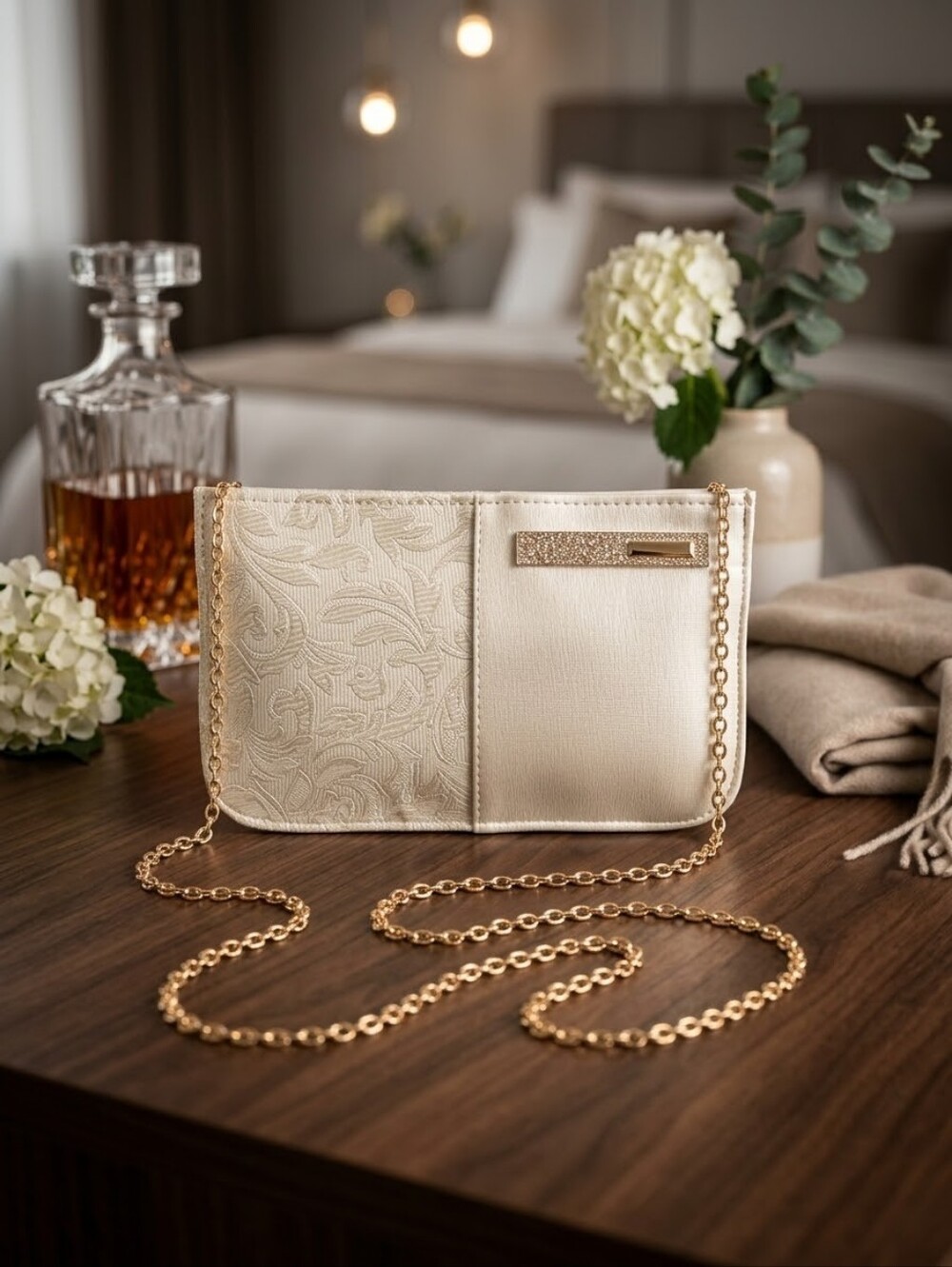 White Textured Women's Key & Card Holder with Gold Accent
